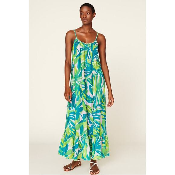 True Destinations Tropical Leaves Maxi Dress Size Large Flowy Resort Beach - Picture 1 of 11